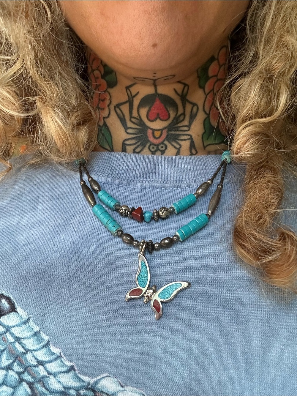 Vintage Southwestern Turquoise Butterfly Double Strand Necklace